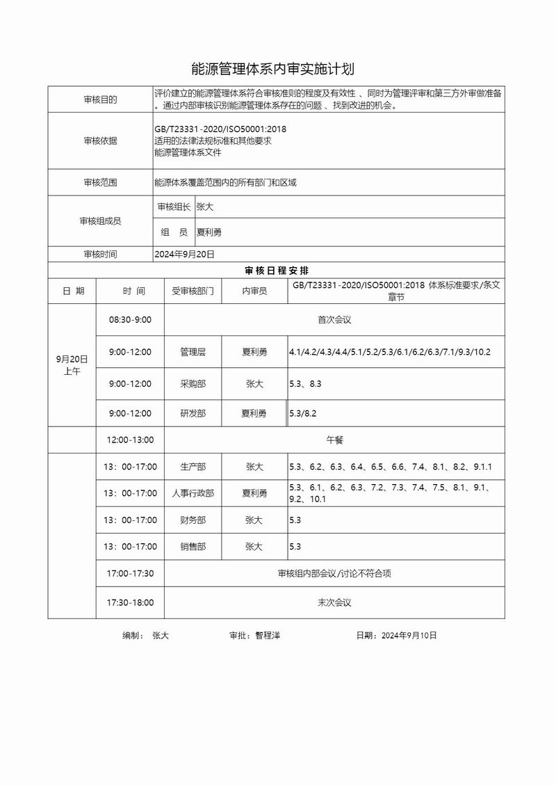 能源管理体系内部审核实施计划